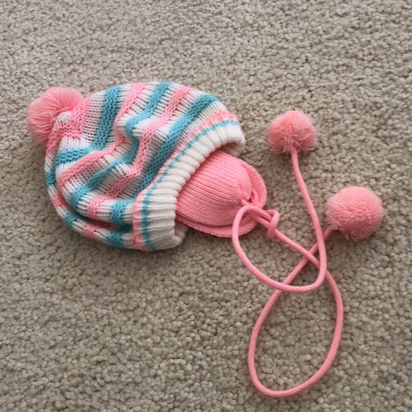 NWOT BABY KNIT HAT ear flaps and pom pom tie pink  white blue 0-3 months - Picture 8 of 12